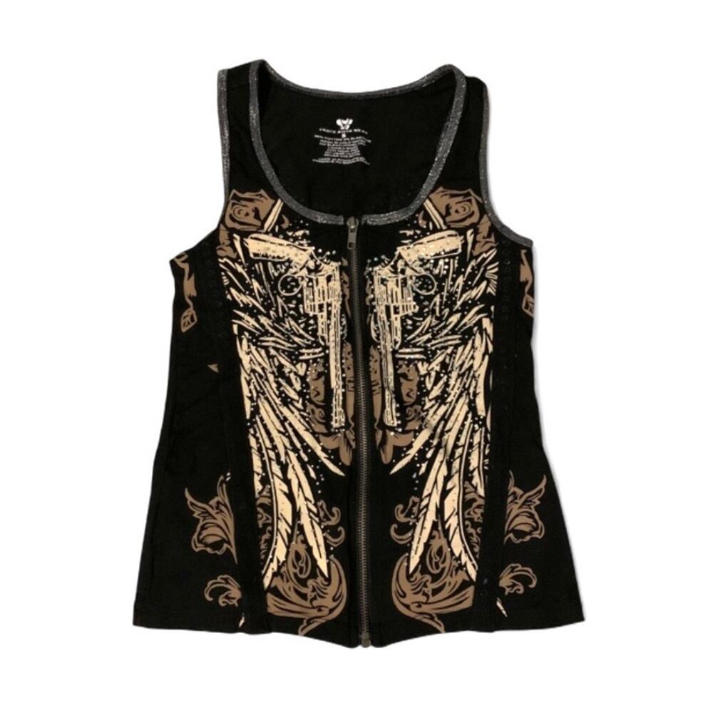 Vance Biker Wear Y2K Black Brown Wing Graphic Tank Top Grunge McBling Small